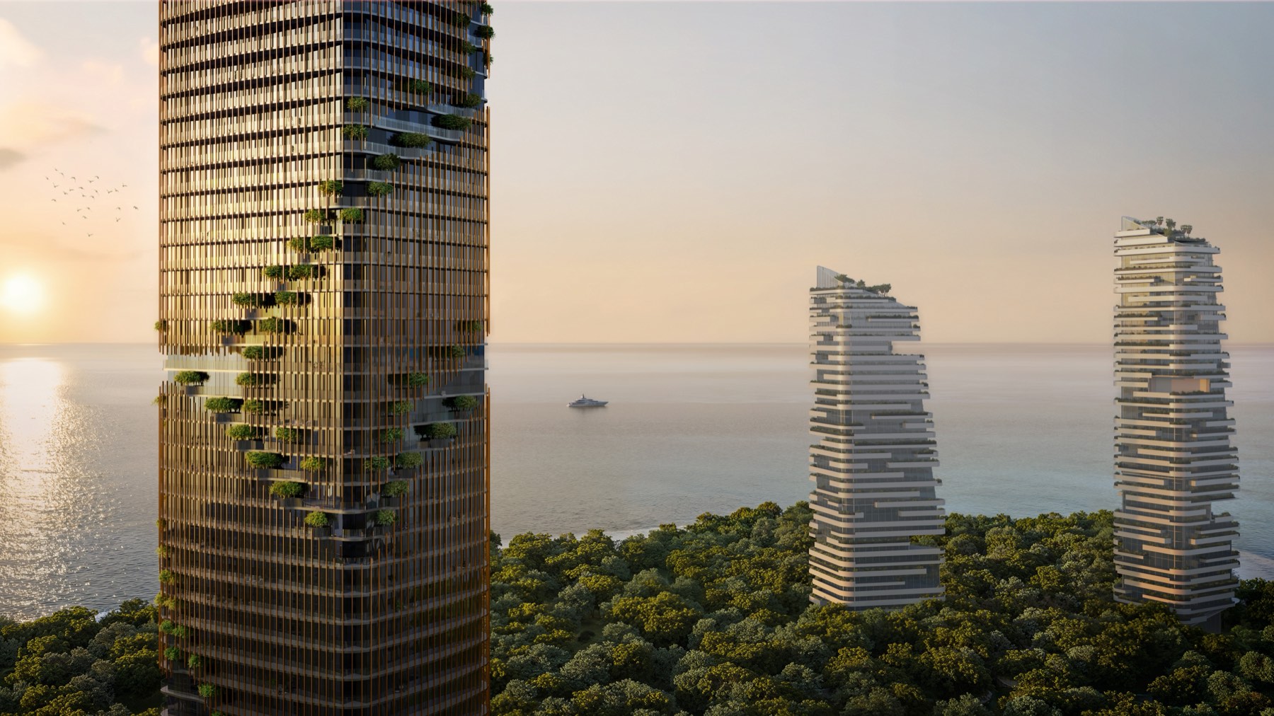 Kanyon tower rising above the canopy, Forest District, Dubai Maritime City